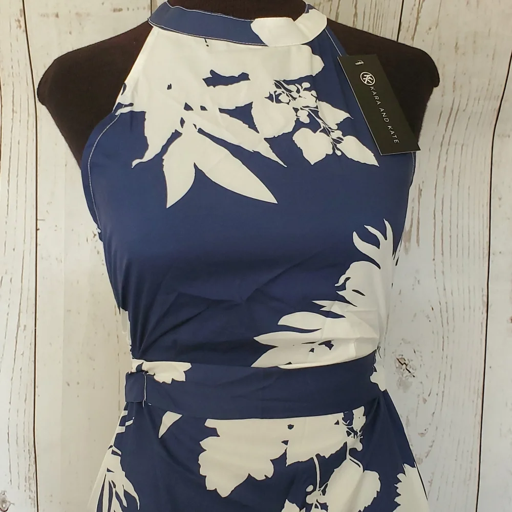 Kara and Kate sleeveless maxi dress halter neckline blue with white flowers S - Picture 6 of 16